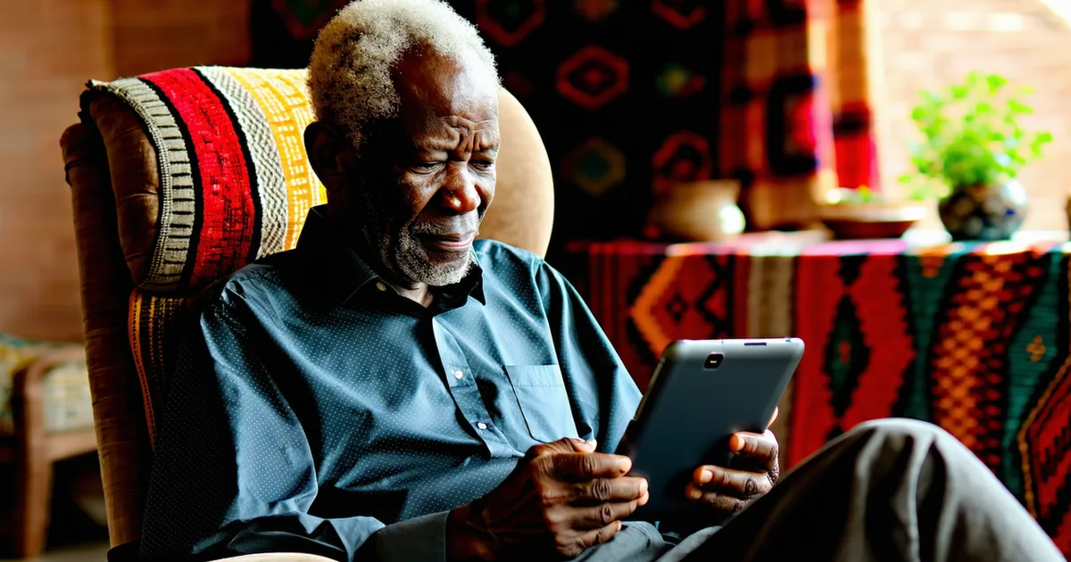 Elderly African man speaking with a healthcare worker via video call