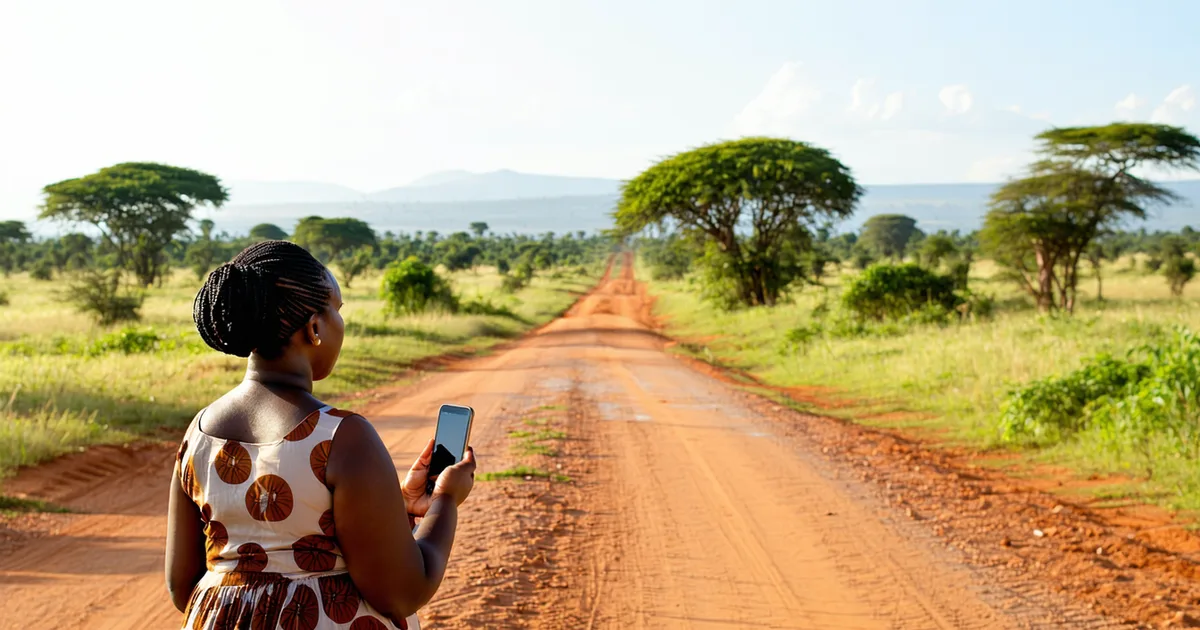 Rural Kenya landscape with a person using a mobile phone
