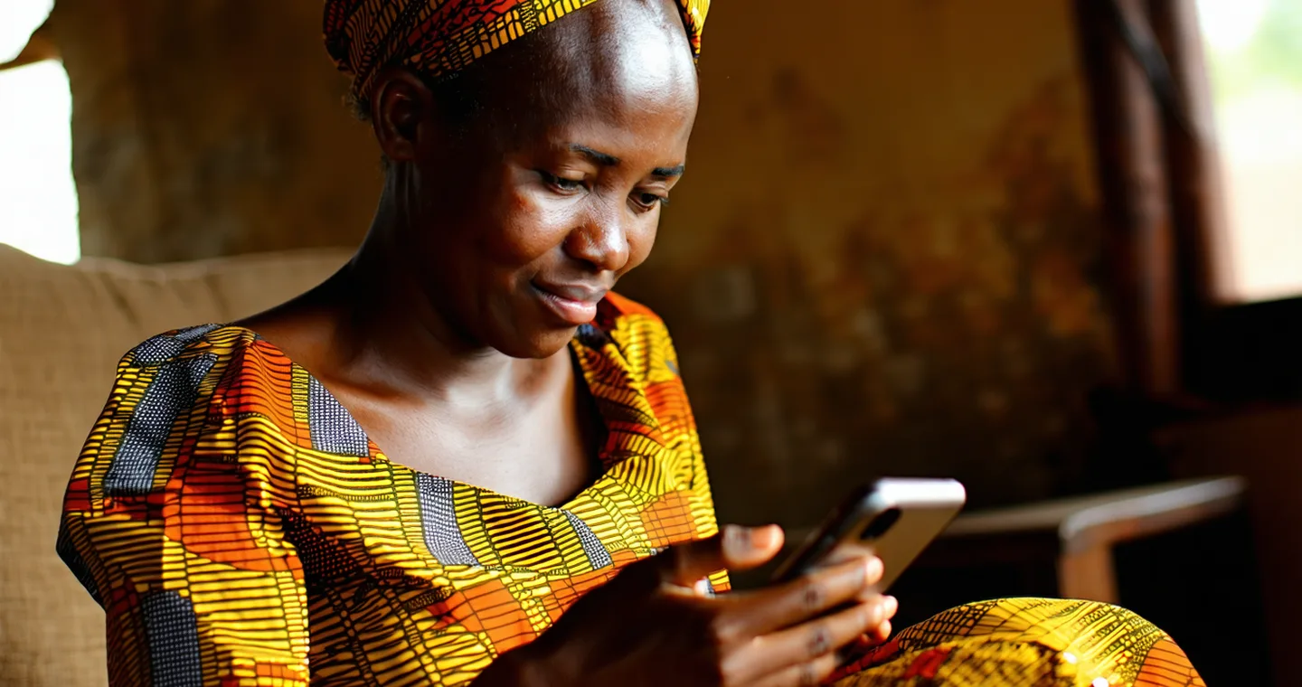 African woman using a smartphone for a medical consultation at home