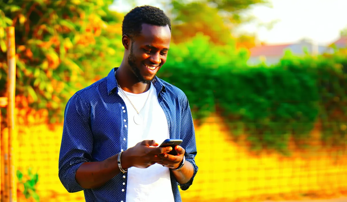 African man using a smartphone outdoors in warm daylight